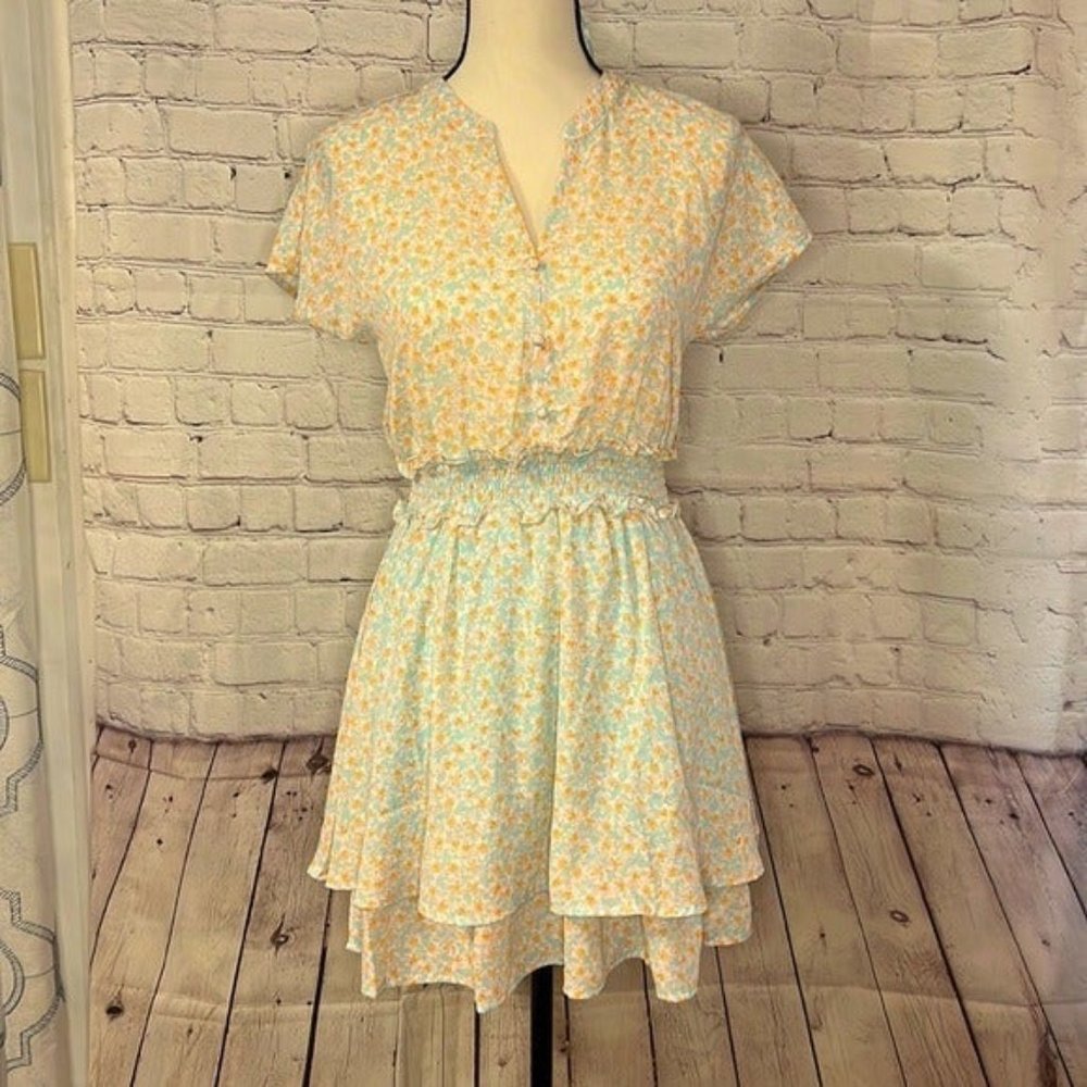 SIENNA SKY Light Blue & Gold Floral Micro Dress